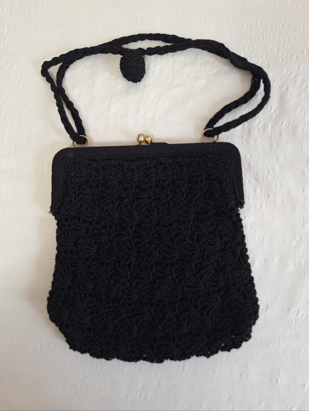 Vintage Classic Black Crochet Evening Clutch with Gold Frame